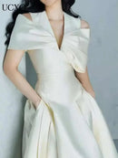 UCXQ Elegant Long Dress Fairy Style V-neck Hollow Waist 3D Bow Pocket Fashion Party Dresses For Women 2025 Spring Summer 23A9338 - M & M Global