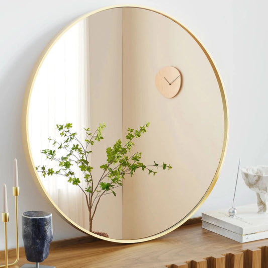 JHK Large Gold Round Vanity Framed Mirror for Wall Matte Metal Framed 30 Inch Modern Mirror Tempered Glass Bedroom Living Room
