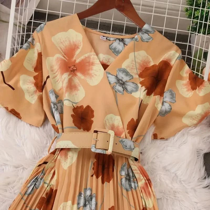 Women Dress Fashion Vintage Ins Bandage Slim Waist A-line Long Dress Vacation Beach Summer Outfits Lady Robe Femme - M & M Global