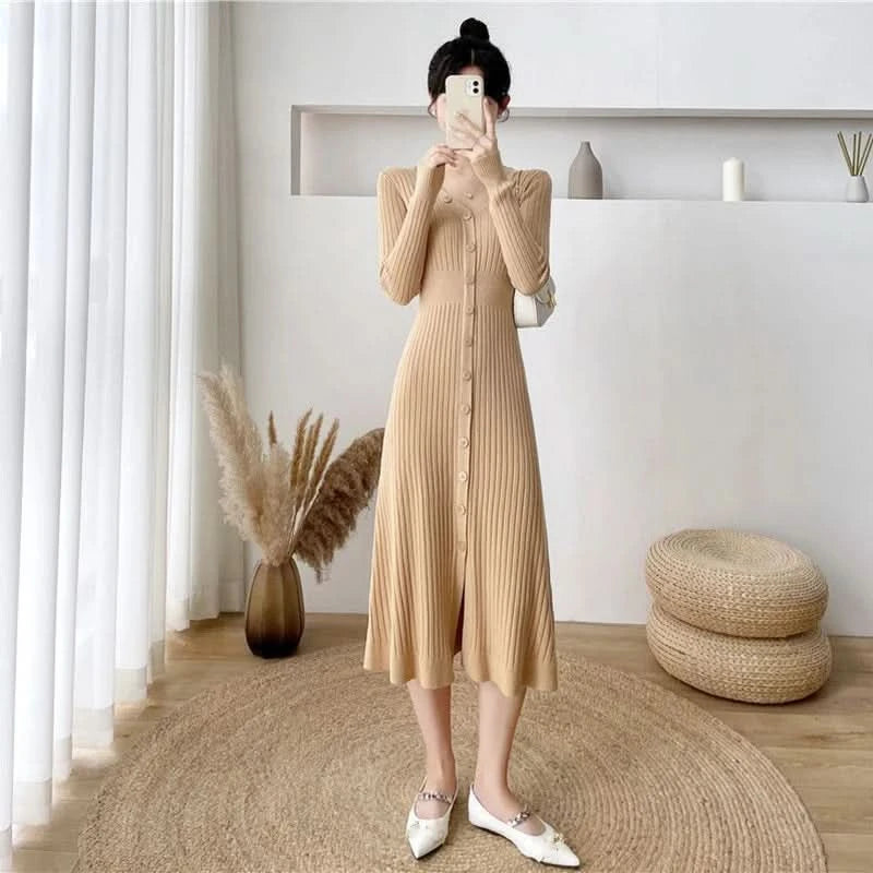 Lucyever Elegant Knitted Long Dress for Women Korean Chic Buttons Slim Fit Midi Dresses Female Streetwear V Neck Party Vestidos - M & M Global