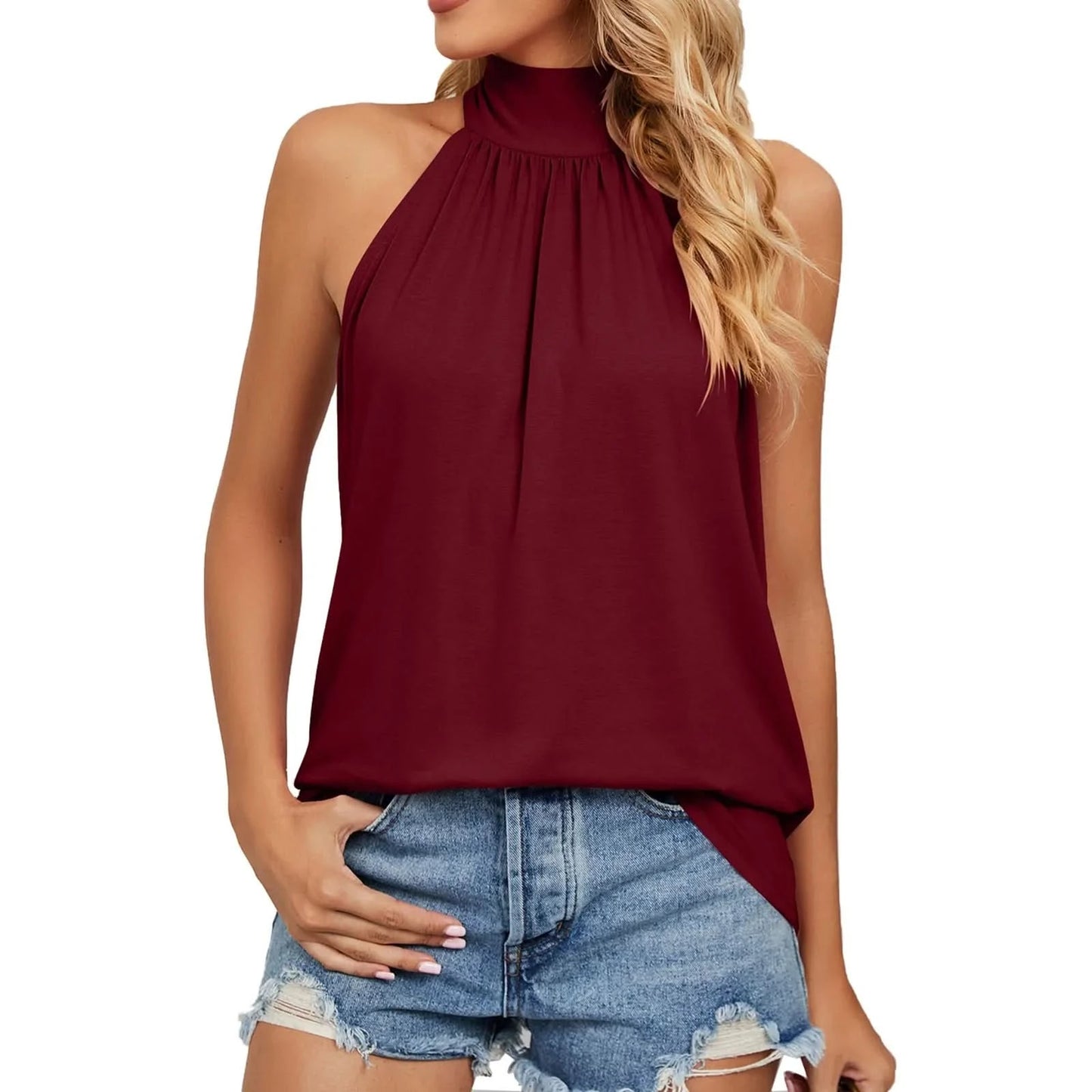 Women's Elegant Blouses Shirts Sleeveless Silk Strap Summer Blouses For Women Fashion 2023 Hanging Neck Lace Up Tops Blouse - M & M Global