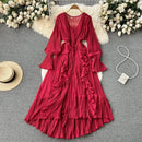 Purple/Brown/Red Chiffon Pleated Long Dress Women Vintage V-Neck Flare Sleeve Draped Ruffle Vestido Female Maxi Robe Spring Fall - M & M Global