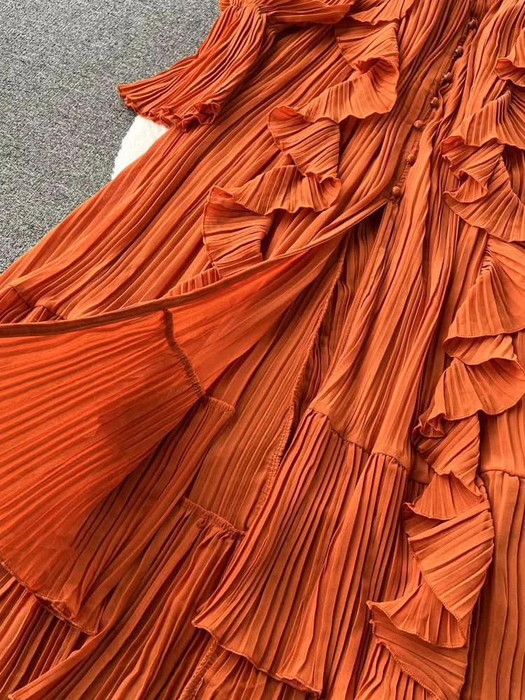 Purple/Brown/Red Chiffon Pleated Long Dress Women Vintage V-Neck Flare Sleeve Draped Ruffle Vestido Female Maxi Robe Spring Fall - M & M Global