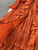 Purple/Brown/Red Chiffon Pleated Long Dress Women Vintage V-Neck Flare Sleeve Draped Ruffle Vestido Female Maxi Robe Spring Fall - M & M Global