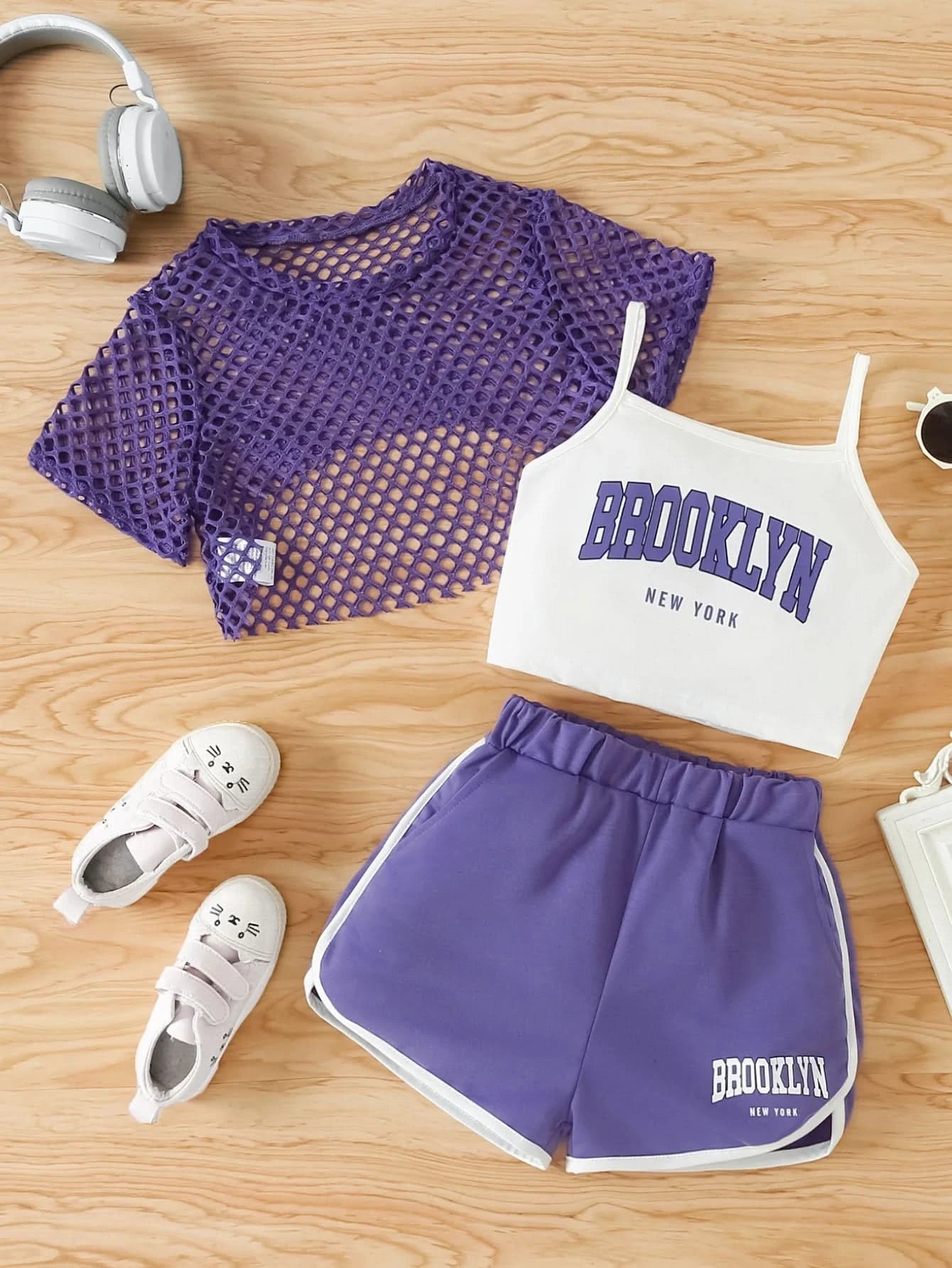 Girls Three-Piece Clothing New Breathable Summer Thin Fashion Short-Sleeved Mesh Top + Letter Printed Short Vest Suspender + Letter Printed Sports Shorts - M & M Global