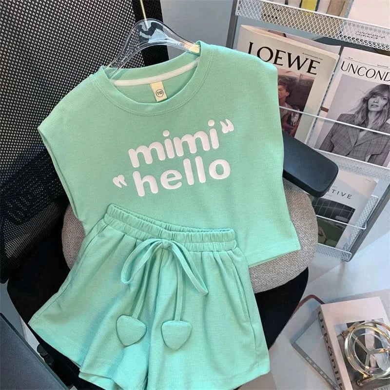 New 4 -14 Years  Summer Girls Clothing Set Letter Print Sleeveless T-shirt + Heart Shorts Pants 2pcs Suit Kids Leisure Outfit - M & M Global