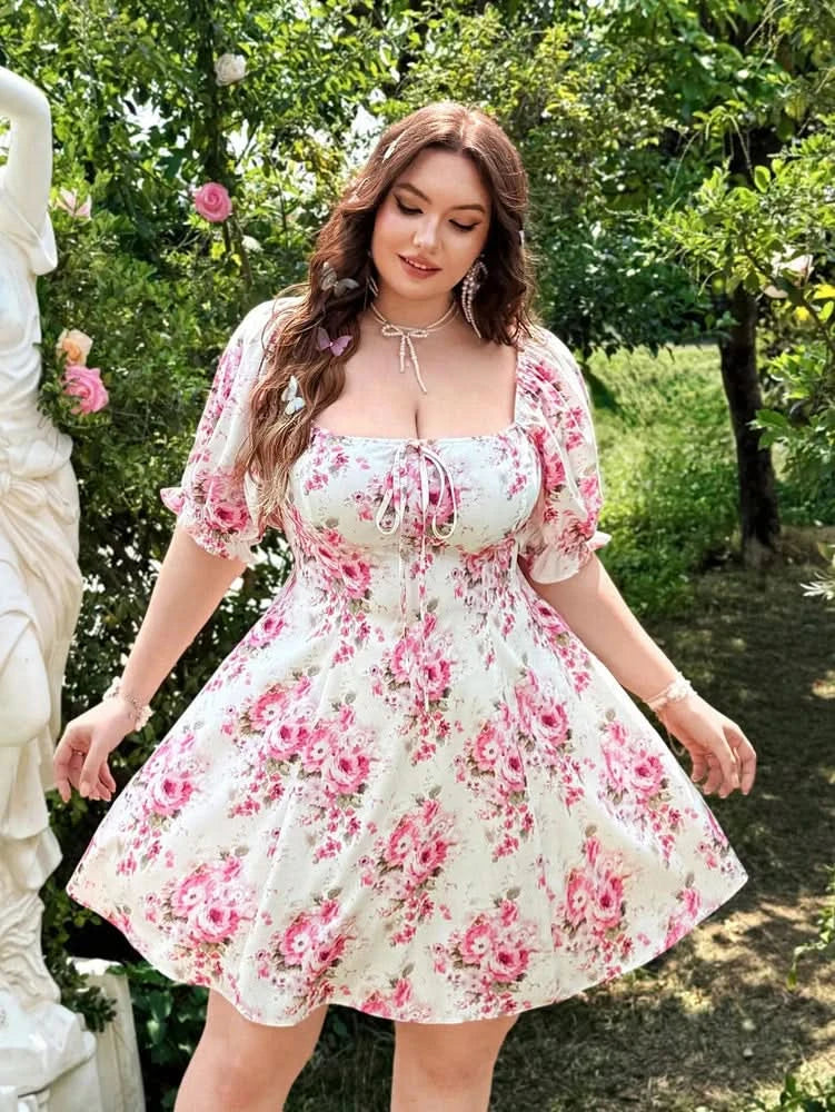 plus Size Spring Summer Vacation Romantic Vintage Print Butterfly Knot Bubble Sleeve Dress - M & M Global