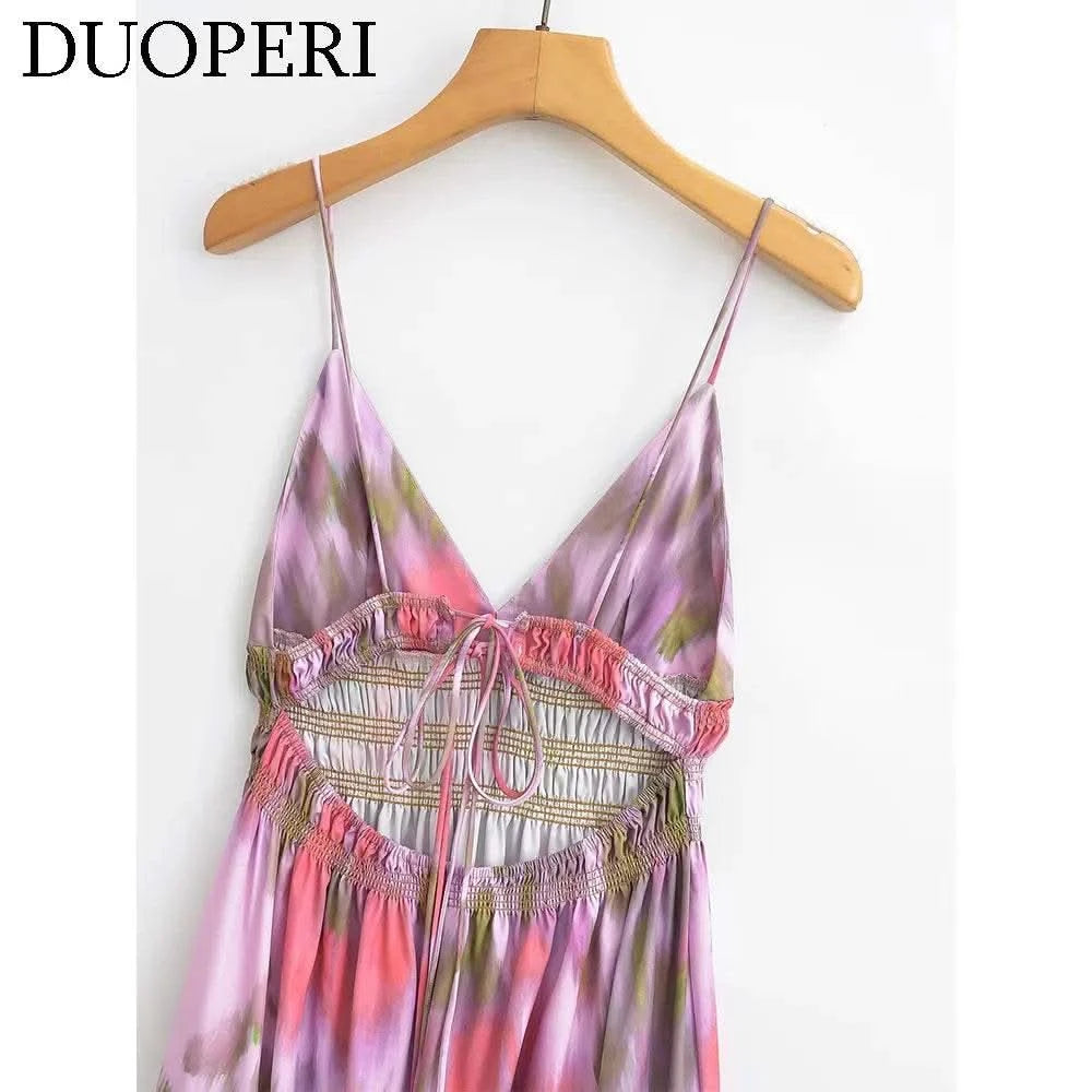 DUOPERI Women Fashion Printed V-Neck Backless Midi Camisole Dress Female Chic Lady Casual Long Dress - M & M Global