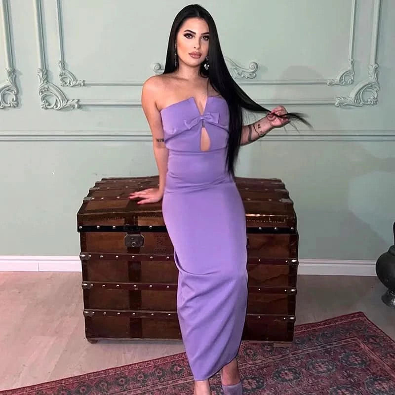 Tossy Tee Bow Off-Shoulder Slim Long Dress For Women Patchwork Fashion Elegant Hollow Out Backless Clothes Female Party Dress - M & M Global