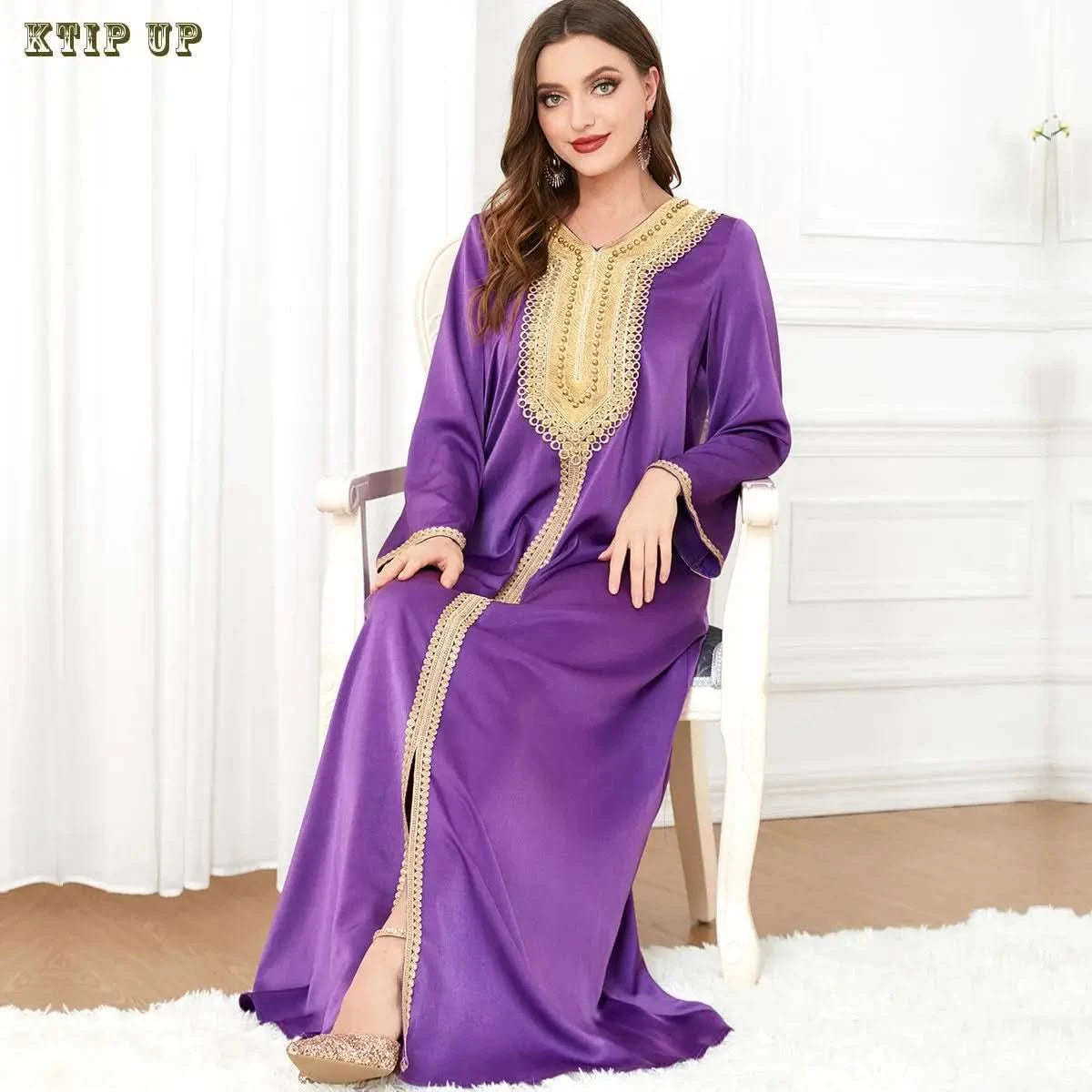 Ramadan Luxury Muslim Fashion Bat Sleeve Moroccan Turkiye Dubai Dress Middle East Arab Dress Sequins Golden Velvet Long Dress - M & M Global