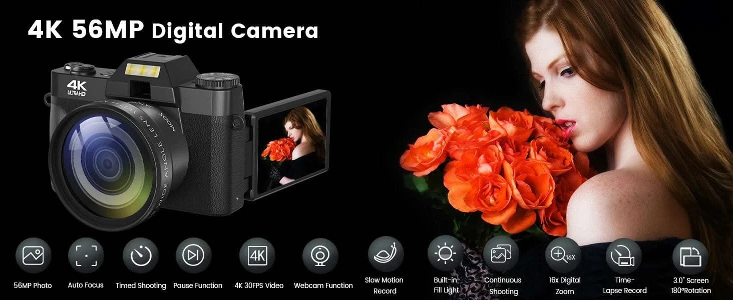 Compact Digital Photography Camera 4K WIFI Webcam Retro Vlog Recorder YouTube 64MP Camcorder 3 Inch Flip Screen Wide Angle Lens - M & M Global
