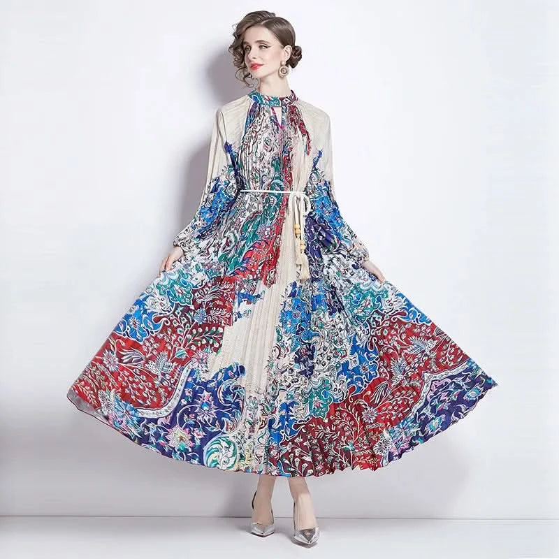 Spring Holiday Print Long Dress For Women Fashion Loose Lantern Sleeve Party Robe Female Big Swing Tassels Belt Pleated Clothes - M & M Global