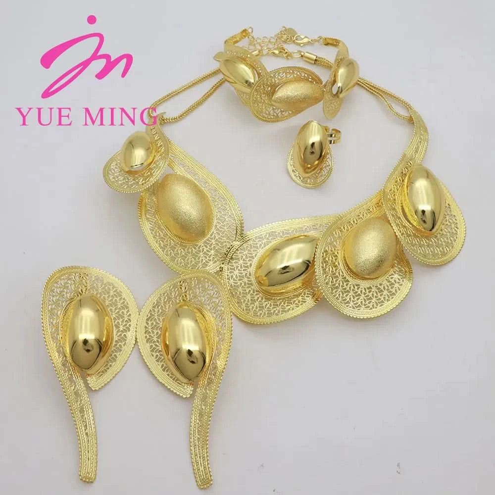 Jewelry Sets Women Italian Brazilian Gold Plated Luxury Wedding Necklace Earrings Bracelet Set Gold Colors Party Jewellery Gifts - M & M Global