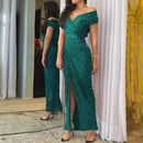 Cocktail Luxury Long Dress Sexy Women V Neck Folds Bodycon Evening Dress Elegant Glitter Off Shoulder High Split Party Dress