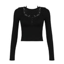 Pure desire sweet style bow hanging neck Korean V-neck lace top versatile slimming solid color long sleeved T-shirt
