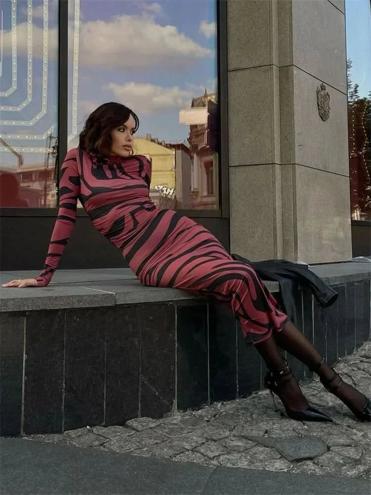 Print Leopard Print Slim Long Dress Women's Fashion Long Sleeve Sexy Party Dress Summer Street Leopard Print Long Dress 2024 New - M & M Global