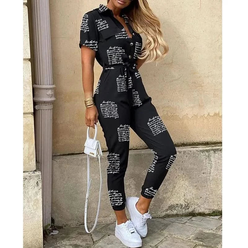 Women's Monochromatic Belt Workwear Jumpsuit, Casual Pants, Flip Collar, Buckle, European and American, Summer, 2024 - M & M Global