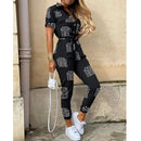 Women's Monochromatic Belt Workwear Jumpsuit, Casual Pants, Flip Collar, Buckle, European and American, Summer, 2024 - M & M Global