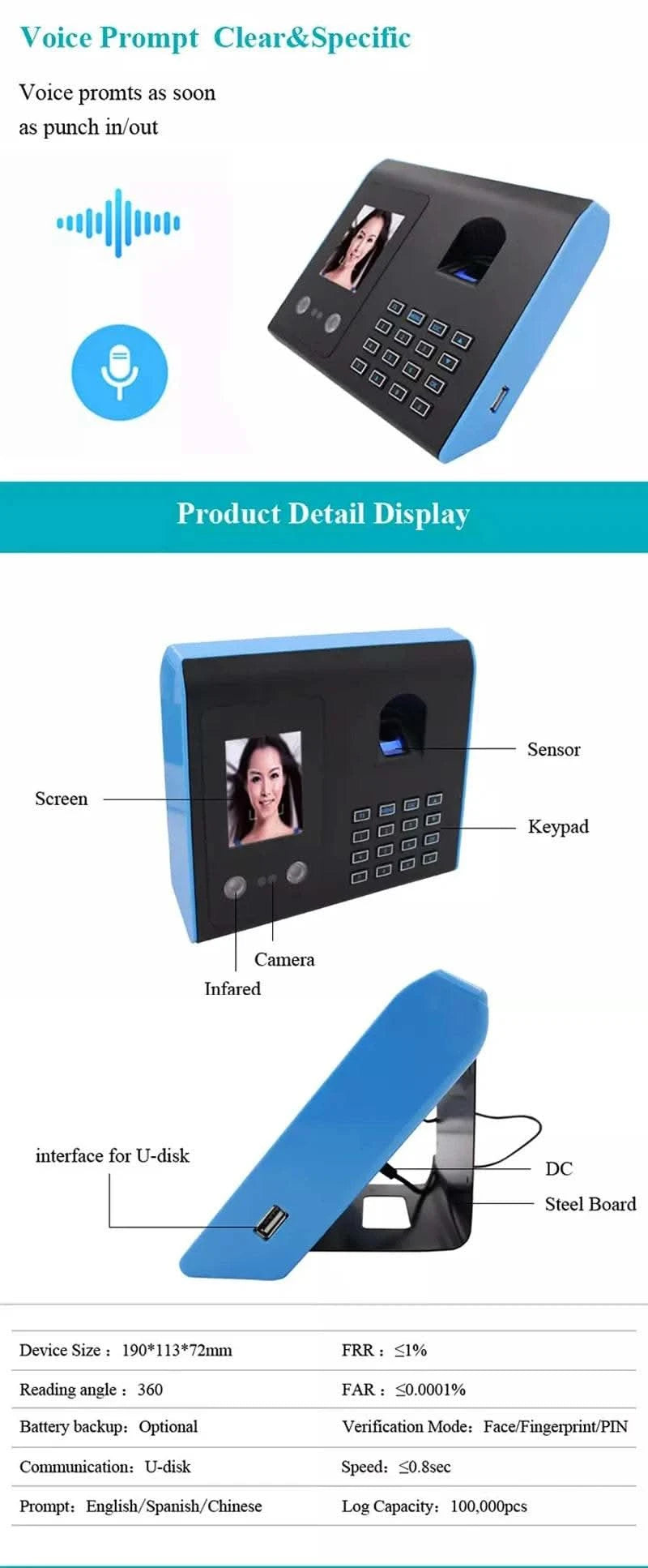 AF01 Biometric Face Facial Fingerprint Recognition Time Attendance No Touch Contactless System Machine Device Machine - M & M Global