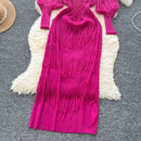 Vintage O-Neck Elegant Long Lantern Sleeve Chic Tassel Slim Long Dress French Fashion Evening High Street Autumn Winter Clothing - M & M Global