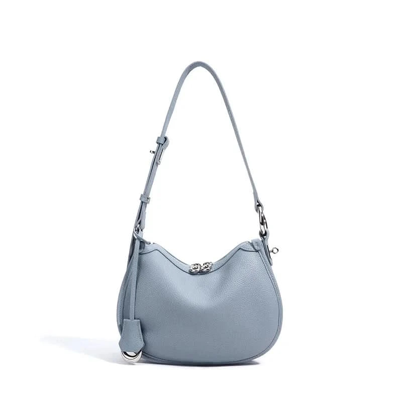 Top layer cowhide underarm shoulder bag 2025 new niche design minimalist blue fashionable soft leather saddle bag - M & M Global