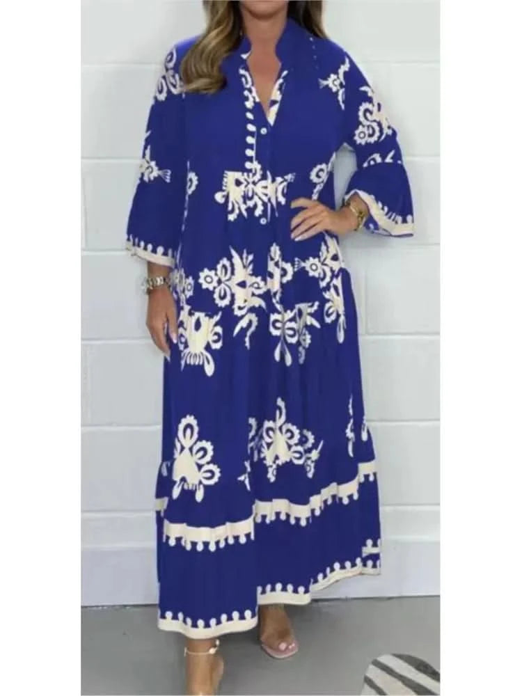 Women's Printed Loose Ethnic Retro Dress Spring Autumn V Neck Button A-Line Long Dress Summer 3/4 Sleeve Bohemian Maxi Dresses - M & M Global