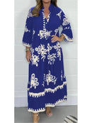 Women's Printed Loose Ethnic Retro Dress Spring Autumn V Neck Button A-Line Long Dress Summer 3/4 Sleeve Bohemian Maxi Dresses - M & M Global