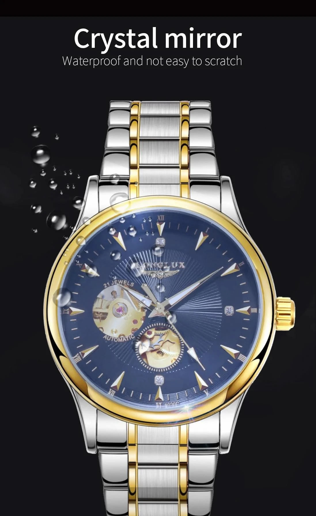 LONGLUX Men automatic mechanical watch elegant luxury watches waterproof skeleton business wholesale stainless steel gift watch - M & M Global