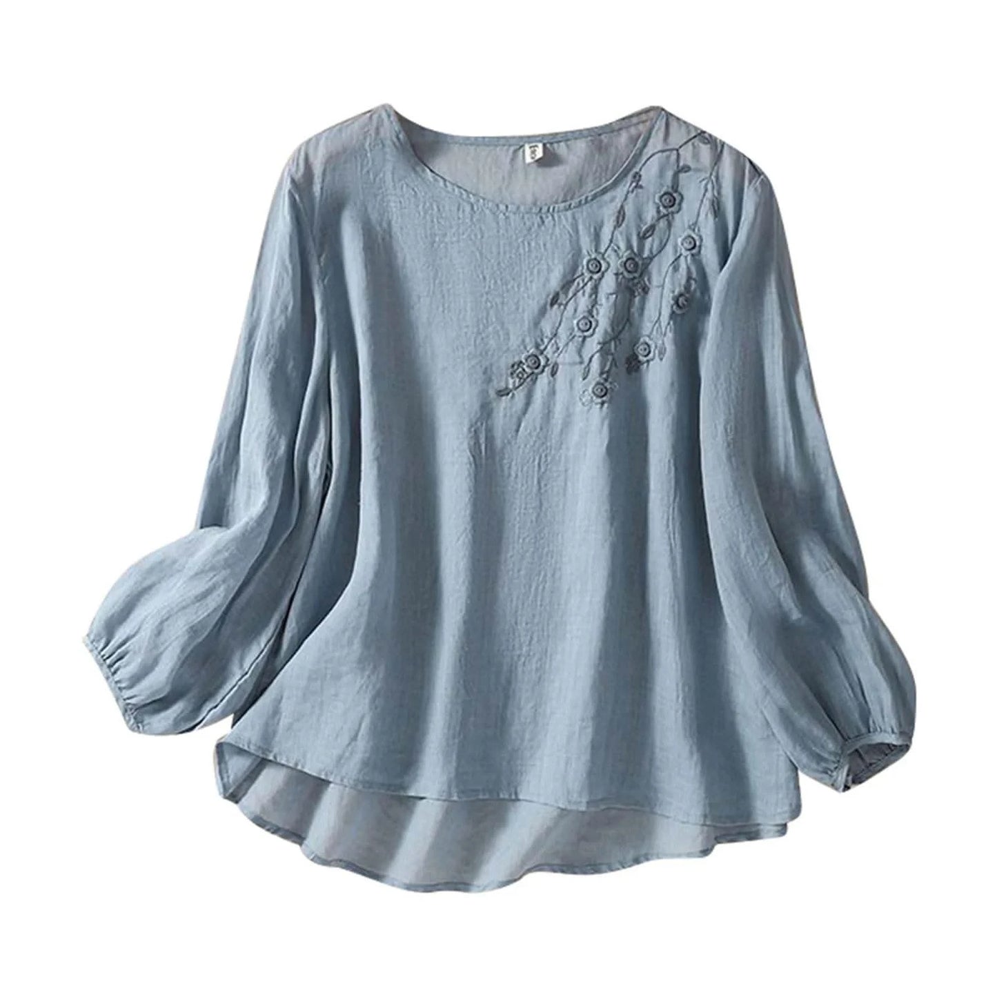 Cotton Linen Blended Summer Blouse Women Embroidered Floral Thin Long Sleeve Blouses Round Neck Loose Female Top - M & M Global