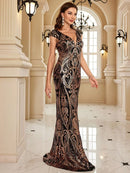 Luxury V-Neck Cap sleeve Sequins Evening Dresses Women Elegant V-back Wedding Party Long Prom Cocktail Gowns