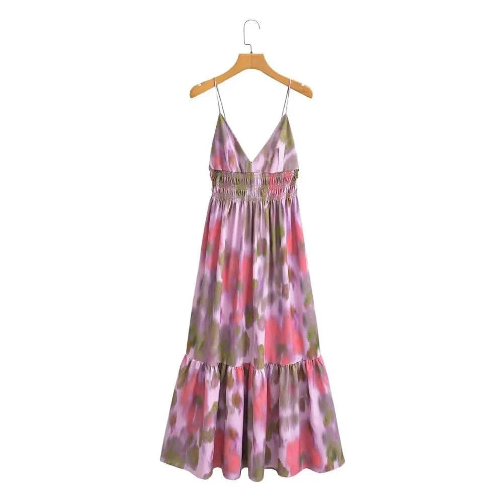 DUOPERI Women Fashion Printed V-Neck Backless Midi Camisole Dress Female Chic Lady Casual Long Dress - M & M Global