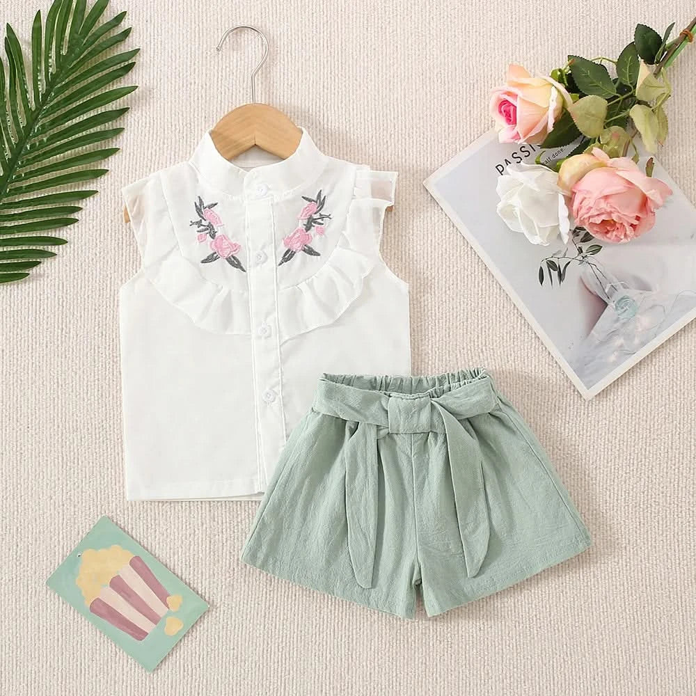 Summer New Girls' Two-Piece Set Lace Flower Embroidery Bow Two-Piece Set Loose Casual Two-Piece Shorts - M & M Global