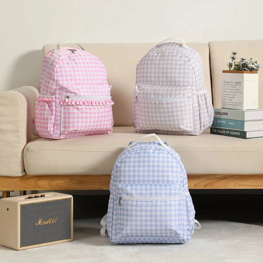 Ruffle Plaid Backpack Girl Pink/Blue Nylon For Women Outdoor Travel Weekend Book Schoolbags Back To School Gifts For Kids - M & M Global