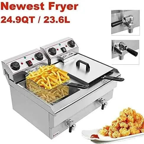 Commercial Deep Fryer 23.26Qt/22L Stainless Steel Electric Fryers with 2 Basket and Professional Heating Element, 110V Oil Consu - M & M Global