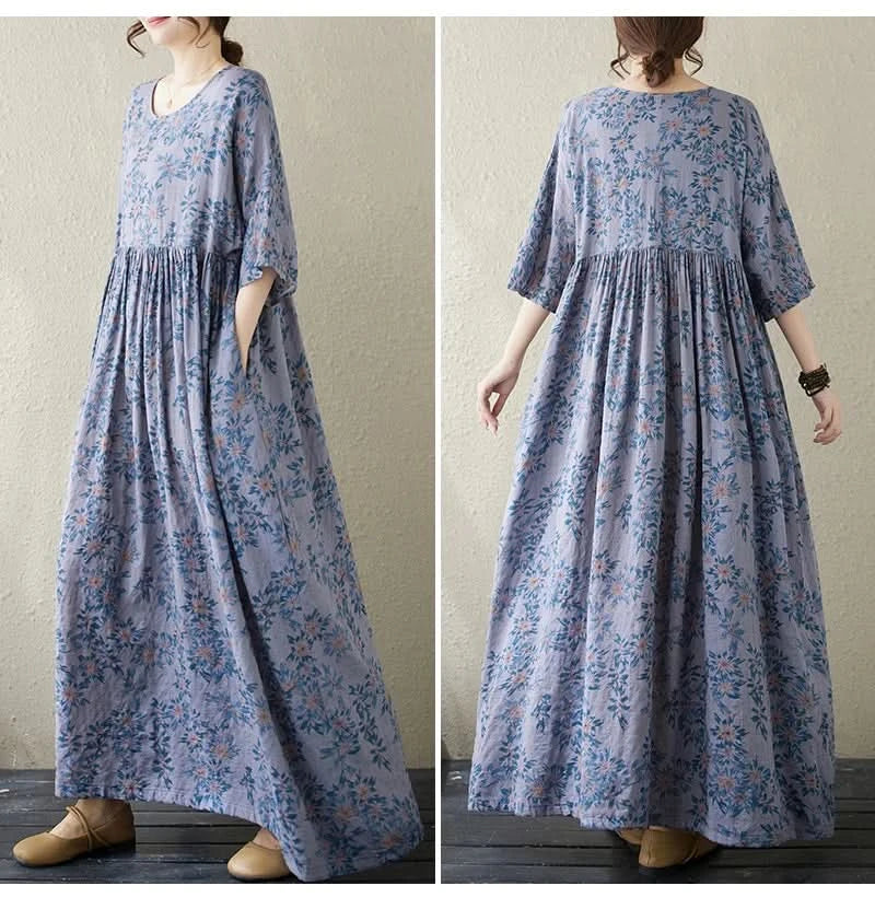 Oversized Summer Long Dress Women Floral Print Fashion Short Sleeve Ladies Dresses Casual Loose Ruffle Pleated Woman New Dress - M & M Global