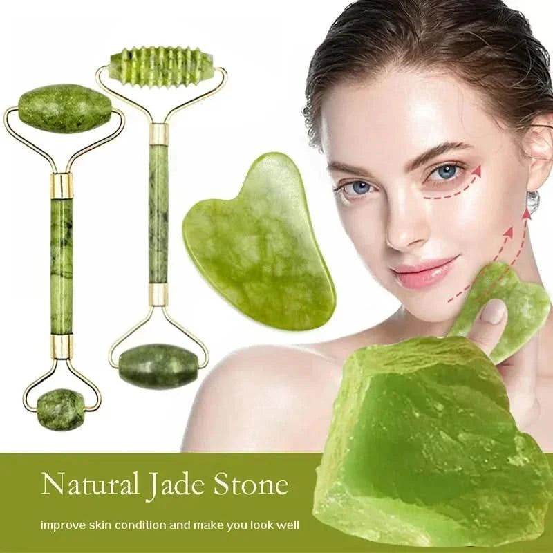 Jade Massagers For Face Body Gua Sha Scraper Beauty Facial Roller Set Natural Gouache Stone Massage Slimming Skin Care Lift box - M & M Global