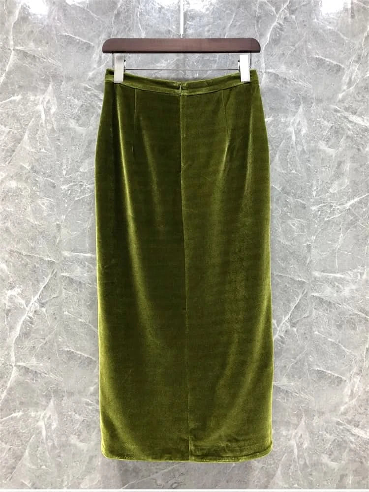 Retro Green Velvet Split Skirt Women Sequin Floral Heavy Industry High Waist A Line Long Dress Elegant Mid Length Skirt Fashion - M & M Global