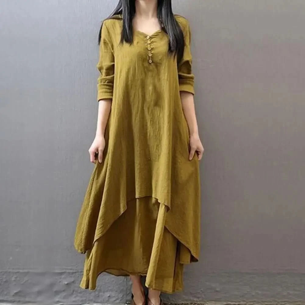 Women Elegant Linen White Dresses Bohemia Layering Vintage Robe Long Sleeve Loose Long Dress Female Autumn Vestidos - M & M Global