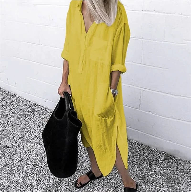 Spring Summer Women's Solid Color Loose Split Shirt Midi Dress Elegant Casual Button Pocket V-Neck Long Sleeve Long Dress 2024 - M & M Global