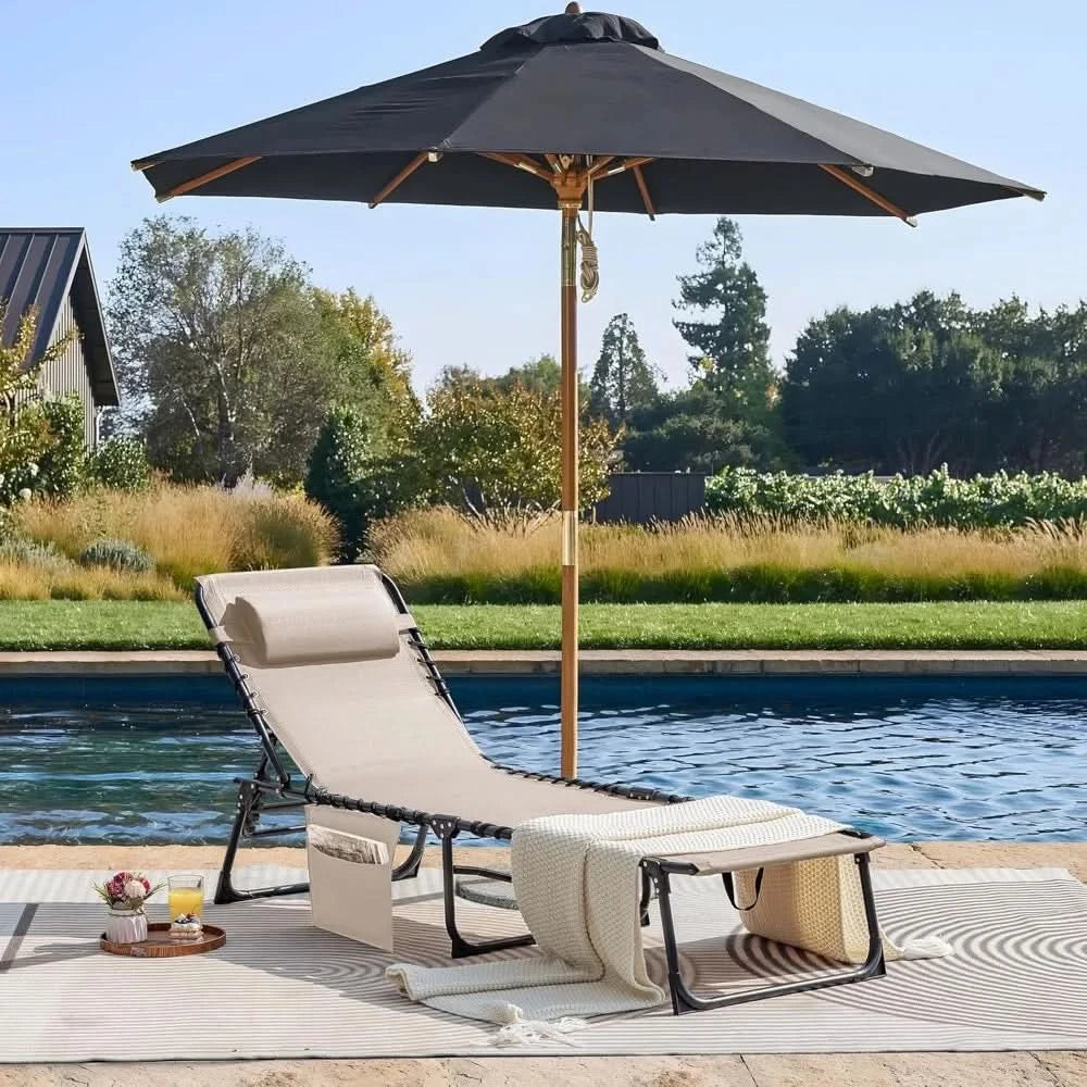 Foldable Chaise Lounge Chair 5-Position Adjustable, Tanning Chair with Side Pocket, Outdoor Sunbathing for Pool, Beach, Patio,
