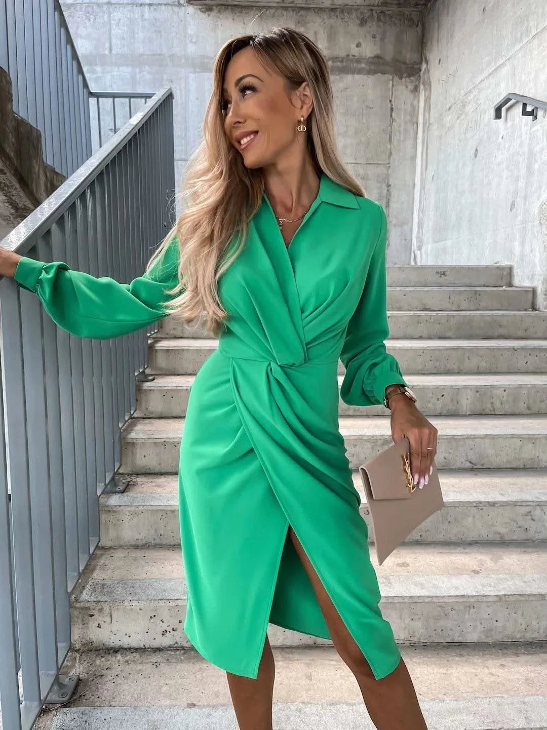 Dresses For Women 2024 Party Club Slim Dress Elegant Femme Solid Turn Down Collar Dress Summer Long Sleeve Office Dress Vestidos - M & M Global