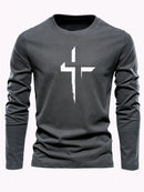 Men's 100% pure cotton loose fit plus size comfortable casual sports cross print round neck long sleeved T-shirt top - M & M Global