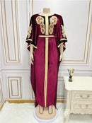 Ramadan Luxury Muslim Fashion Bat Sleeve Moroccan Turkiye Dubai Dress Middle East Arab Dress Sequins Golden Velvet Long Dress - M & M Global