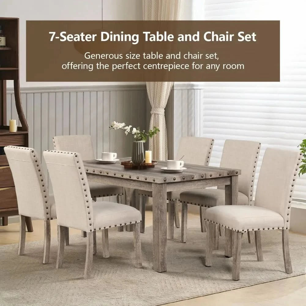 Rustic Dining Table, Farmhouse Kitchen Dining Chairs , Charming 60" Rectangular Wooden Table& Upholstered