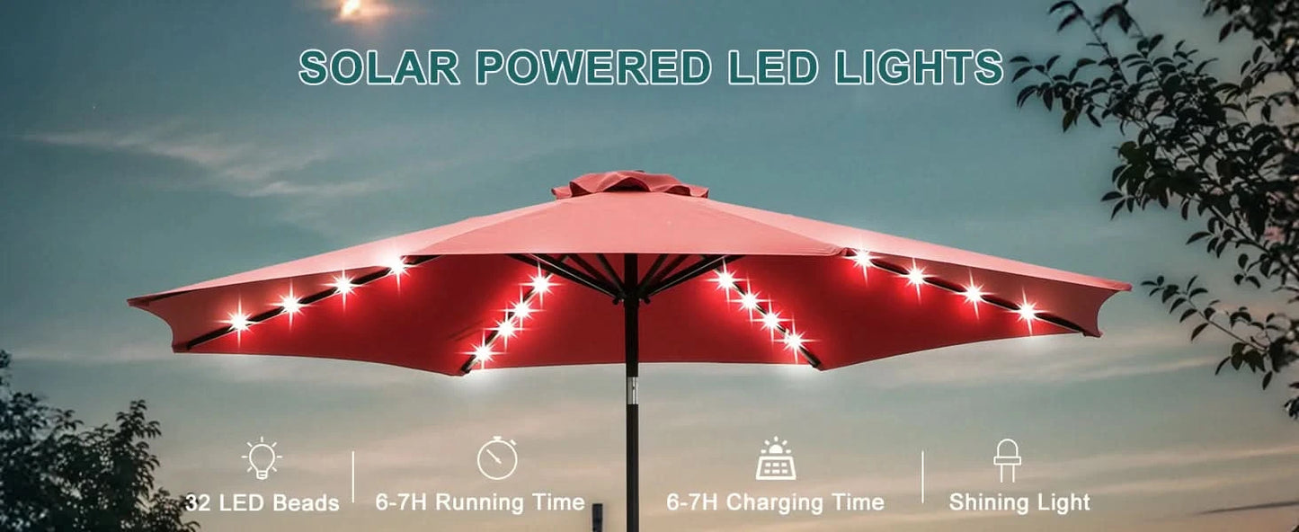 JHK 10FT Solar Patio Umbrella with 32 LED Lights UV-Resistant Outdoor Table Umbrella with Tilt and Crank for Backyard Garden