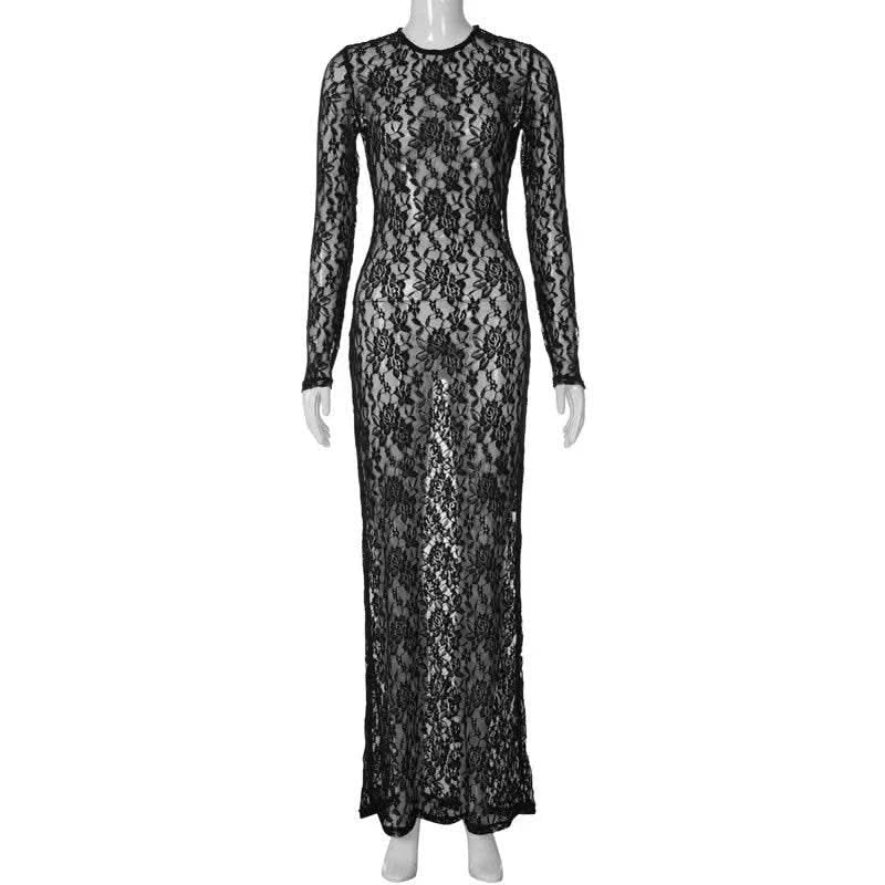 Autumn Fall Women Sexy Lace See Through Streetwear Bodycon Black Long Dress Wholesale Items For Business - M & M Global