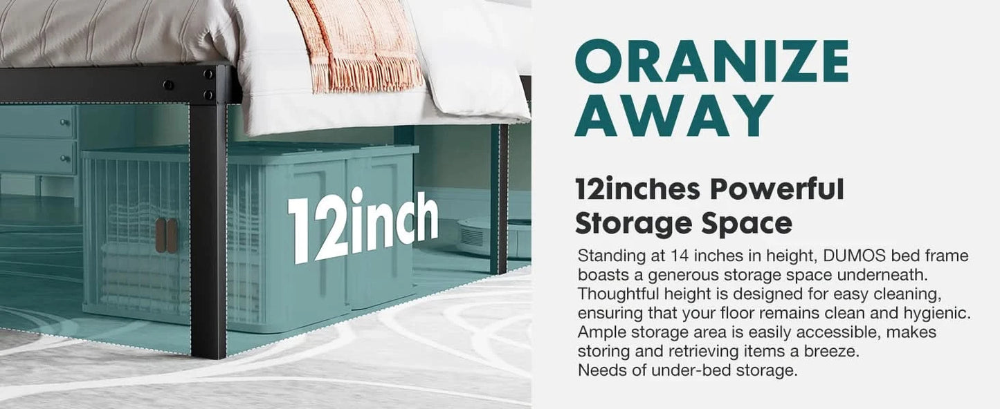 JHK Basic Twin Full Queen King Size Bed Frame Metal Platform Bedroom Frames with Storage Space Sturdy Steel Slat Support 350LBS
