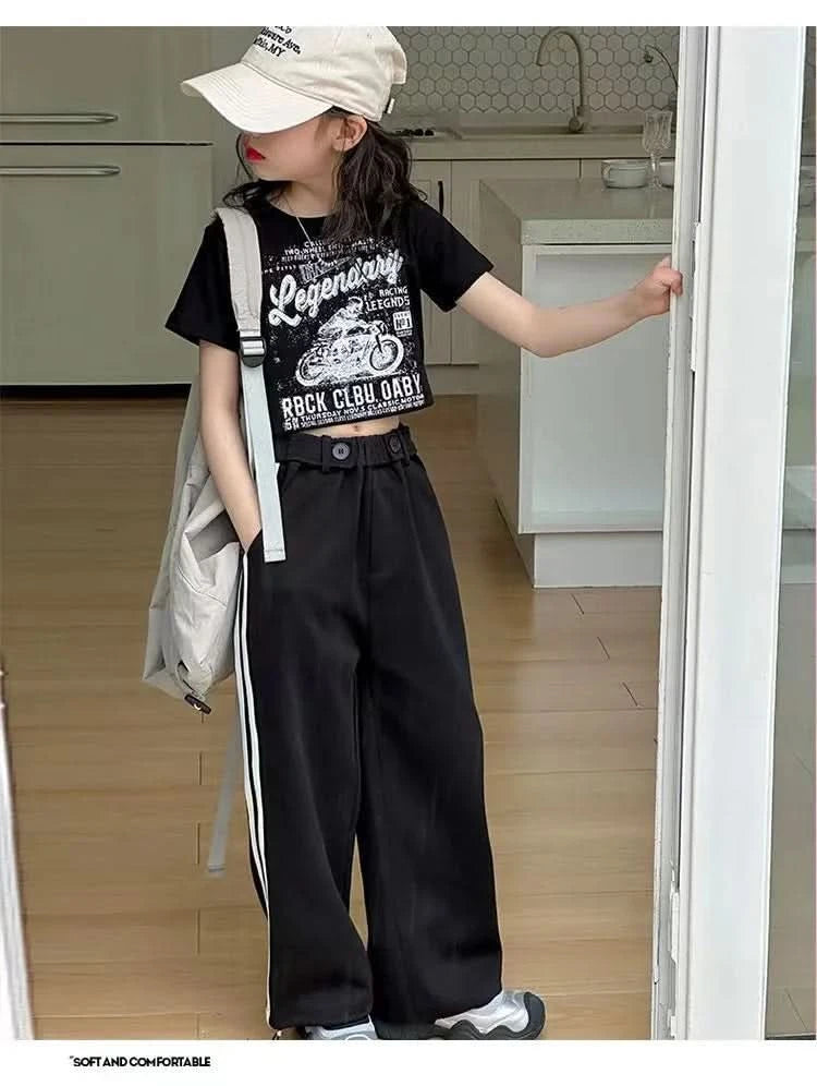 Girls' summer casual suit, new children's fashionable T-shirt, casual pants, summer dress, foreign short-sleeved two-piece set, - M & M Global