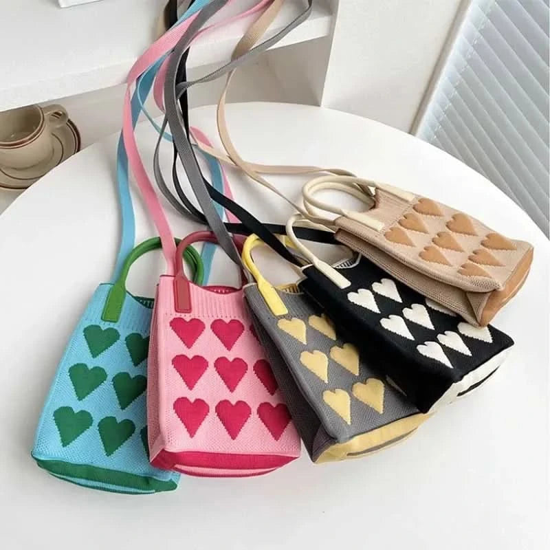 Korean Fashion Heart Knitted Mini Square Handbag for Women Small Mobile Phone Shoulder Bags Girls Cute Outdoor Crossbody Bags - M & M Global