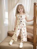 European and American Style Girls' Fresh Floral Print Suspender Wide-Leg Jumpsuit, Summer Thin Style, Sweet Pastoral Style Printed Sleeveless Drapey Cropped Pants for Girls Aged 4-5-6-7-8, Retro Gentle Style Girls' Jumpsuit O